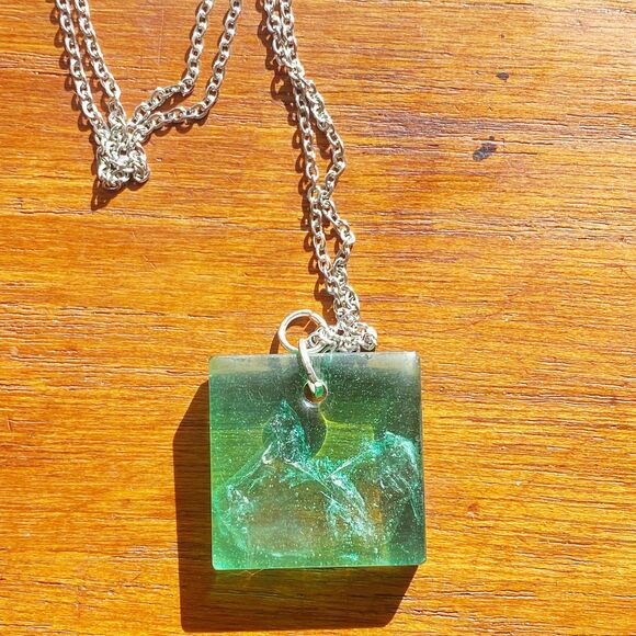 Translucent Teal Resin Square Pendant Natural Mica Mountain Pendant - Picture 3 of 4